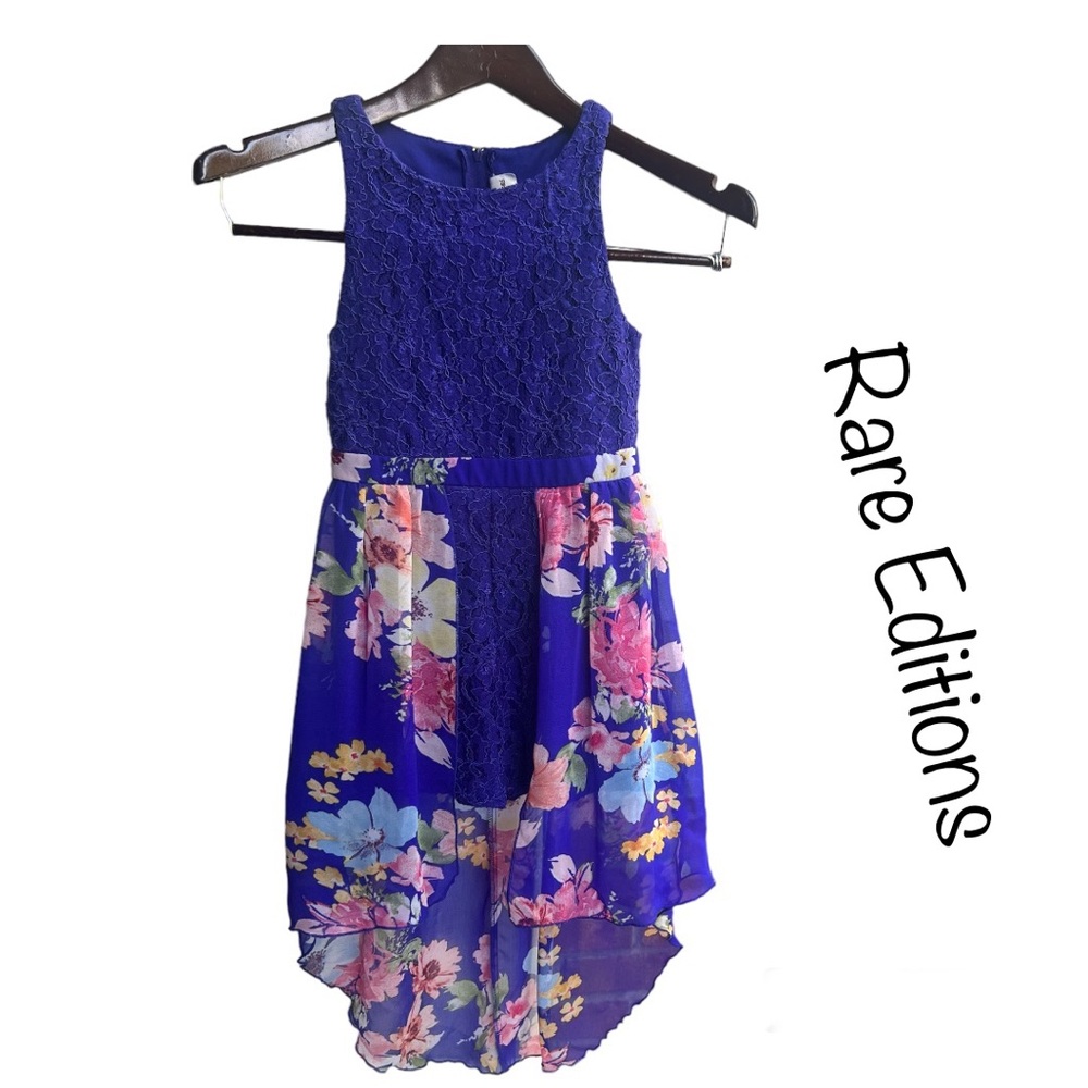 Floral and blue Girls romper. Rare Editions- size 7. Flower print waist cape.